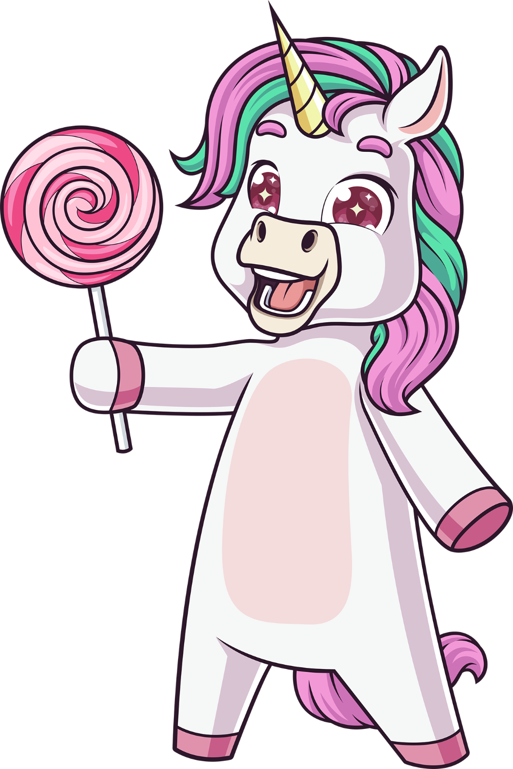 Cartoon unicorn character holding a lollipop on a white background