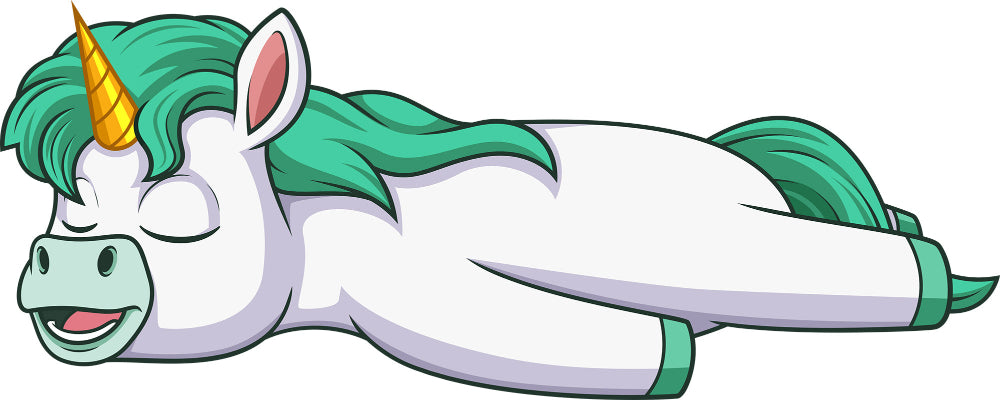 Cartoon unicorn with green mane and tail lying down on a white background
