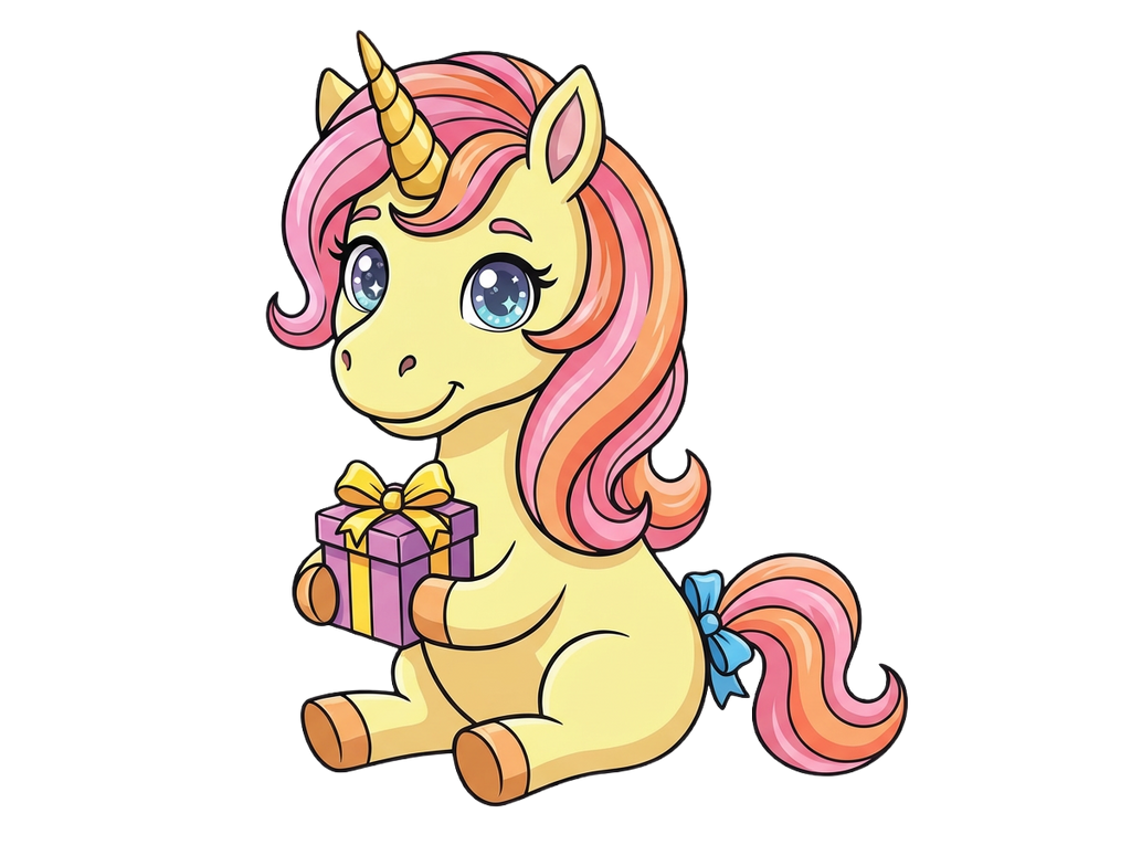 Cartoon unicorn with a pink gift box on a white background