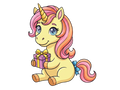 Cartoon unicorn with a pink gift box on a white background