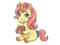 Cartoon unicorn with a pink gift box on a white background