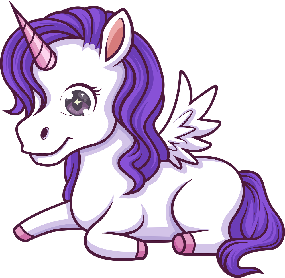 Cartoon unicorn with purple hair and pink horn on a white background