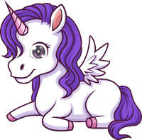 Cartoon unicorn with purple hair and pink horn on a white background