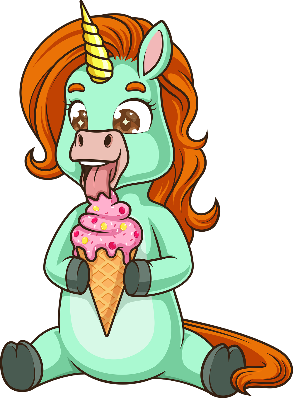Cartoon unicorn with a pink ice cream cone on a white background