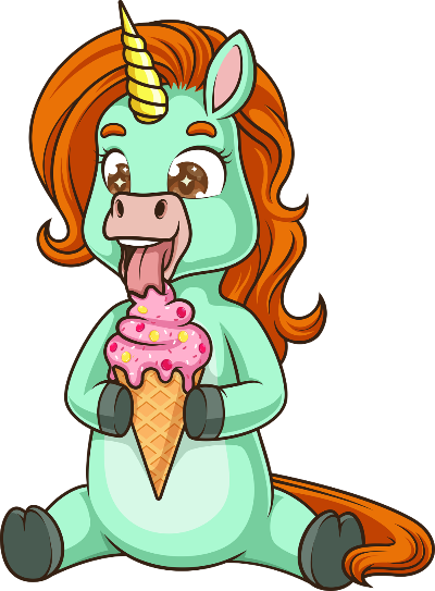 Cartoon unicorn with a pink ice cream cone on a white background