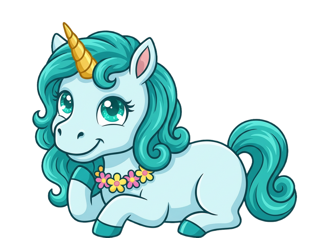 Cartoon unicorn with teal hair and a gold horn on a white background