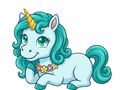 Cartoon unicorn with teal hair and a gold horn on a white background