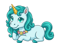 Cartoon unicorn with teal hair and a gold horn on a white background