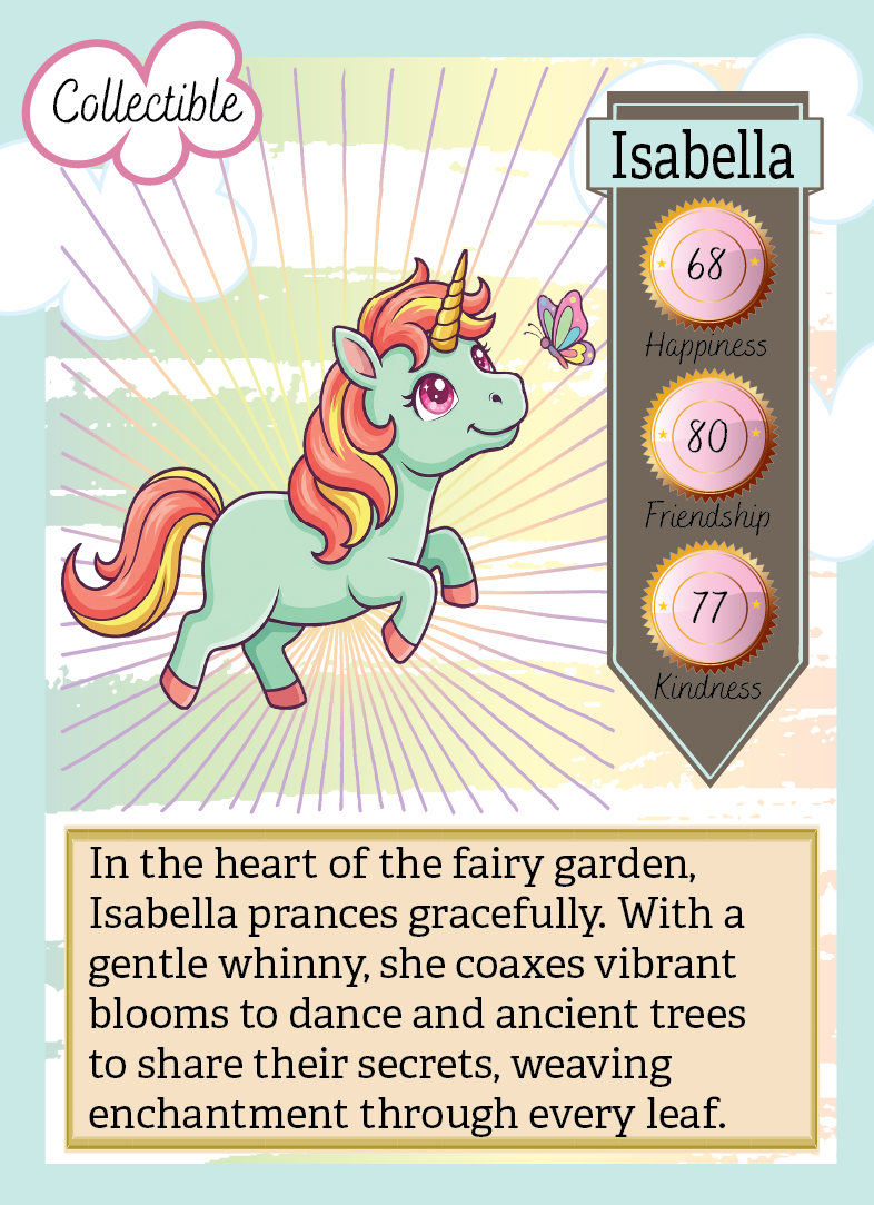 Collectible card featuring a unicorn named Isabella with attributes and description text.