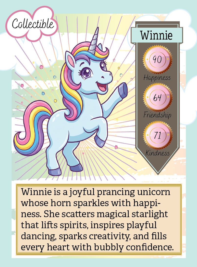 Collectible card featuring a unicorn named Winnie with colorful design elements.