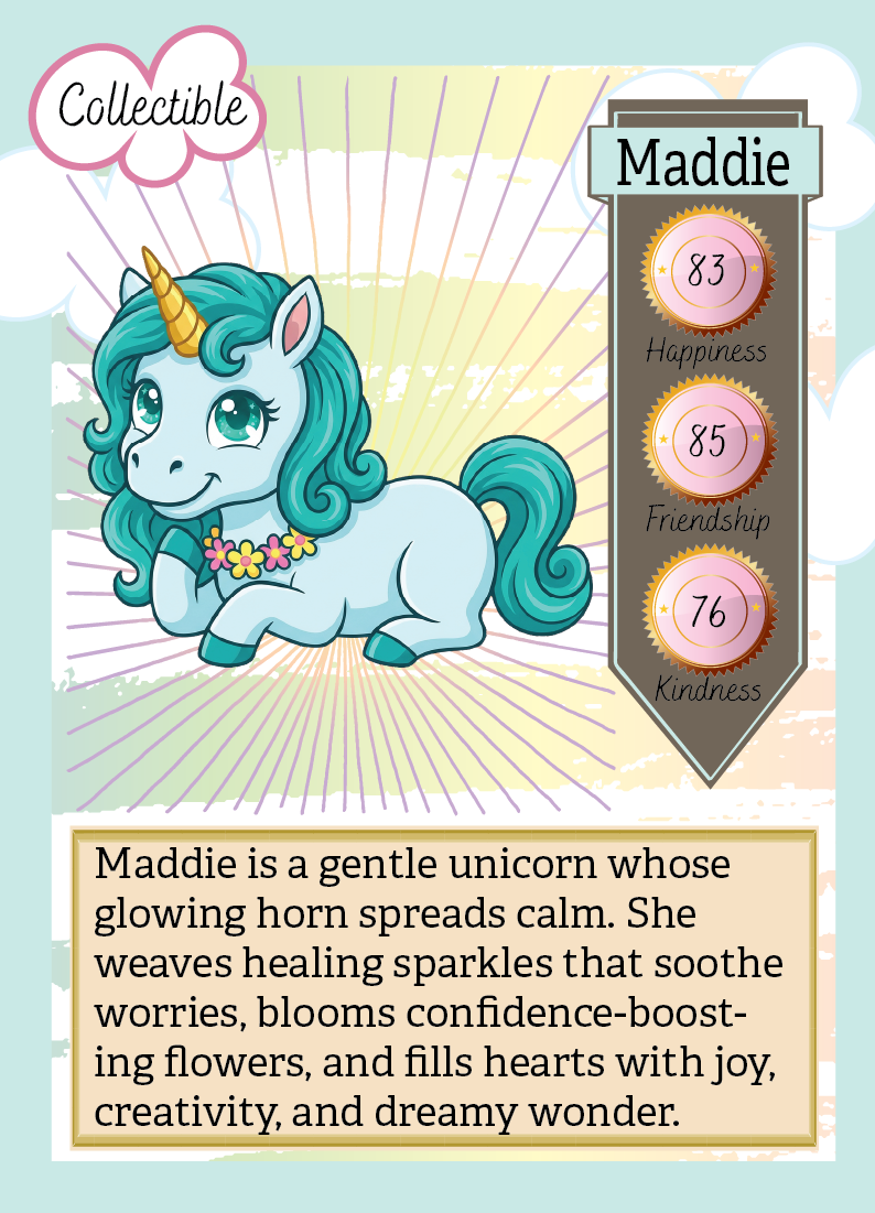 Card featuring a cartoon unicorn named Maddie with stats and description.