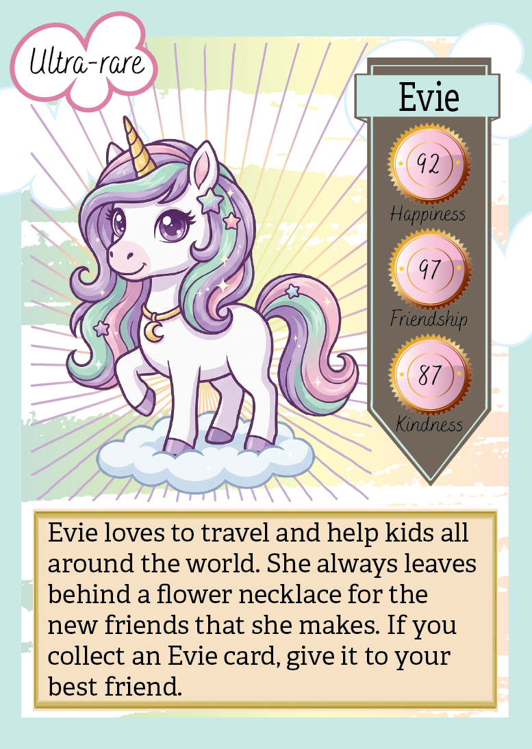 Card featuring a unicorn character named Evie with attributes and description.