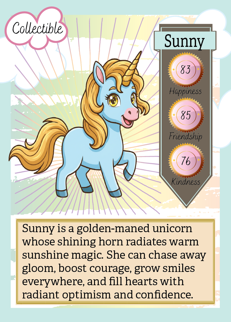 Collectible card featuring a cartoon unicorn named Sunny with stats and description.