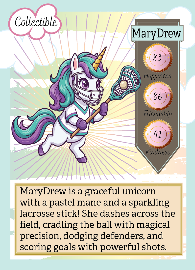 Collectible card featuring a unicorn character named MaryDrew with attributes and description.
