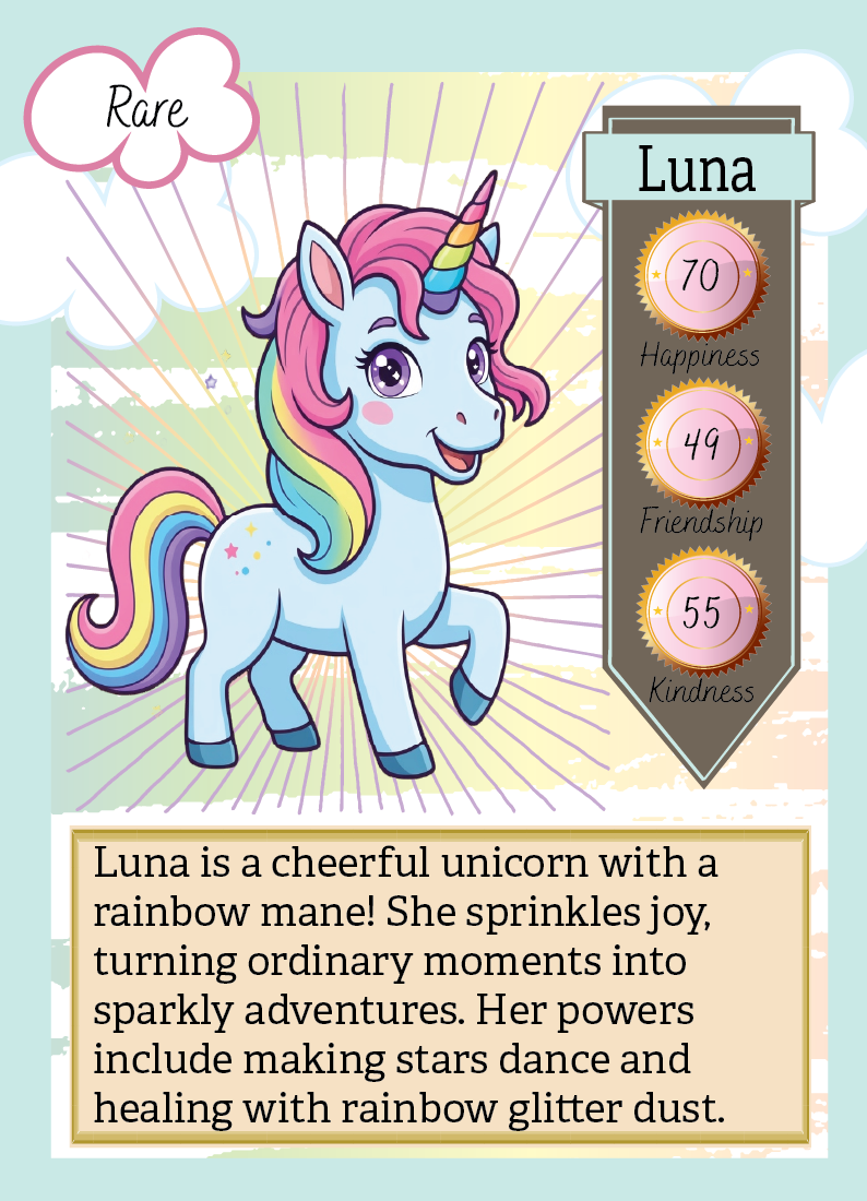Card featuring a unicorn named Luna with stats and description