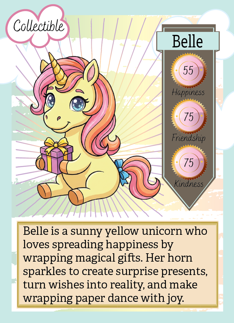 Collectible card featuring a yellow unicorn with pink hair, holding a gift, on a light blue background.