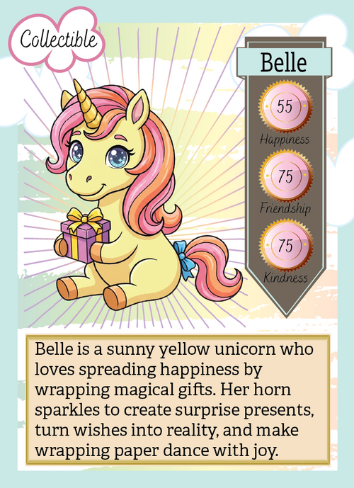 Collectible card featuring a yellow unicorn with pink hair, holding a gift, on a light blue background.