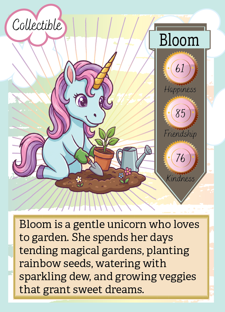 Card featuring a unicorn character named Bloom with gardening activities and stats.