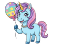Cartoon unicorn with a colorful balloon on a white background