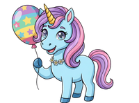 Cartoon unicorn with a colorful balloon on a white background