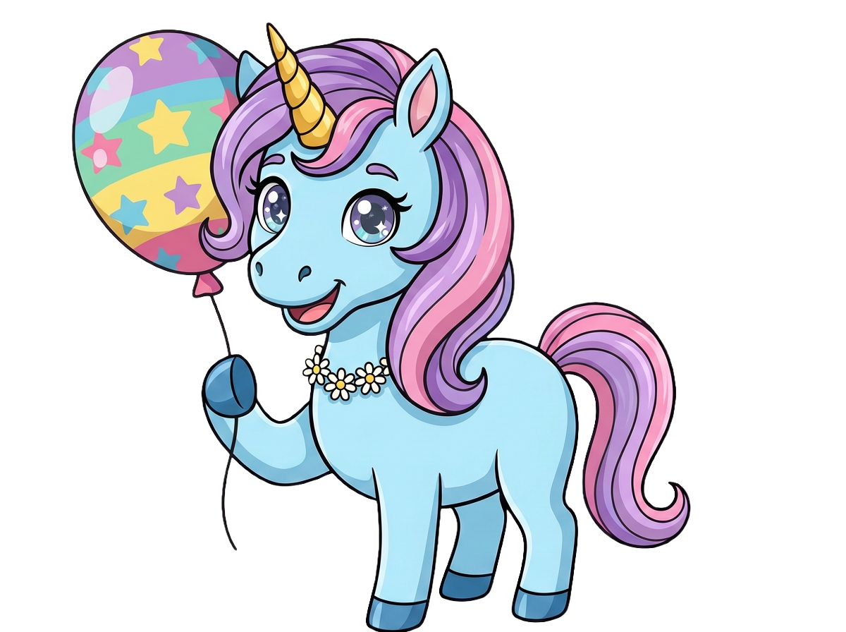 Cartoon unicorn with a colorful balloon on a white background