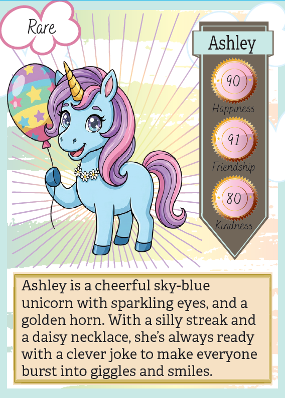 Cartoon unicorn character named Ashley with stats and description on a colorful background