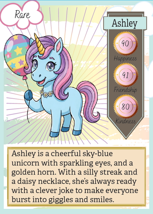 Cartoon unicorn character named Ashley with stats and description on a colorful background