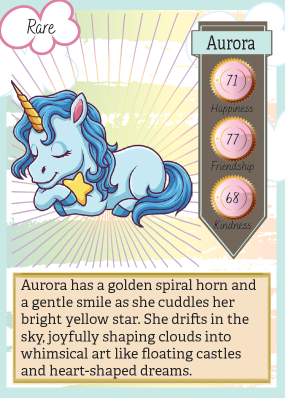 Card featuring a cartoon unicorn with a golden horn, surrounded by text and icons.