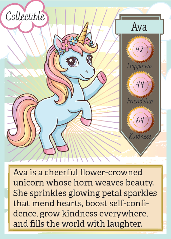 Collectible card featuring a unicorn named Ava with attributes and description.