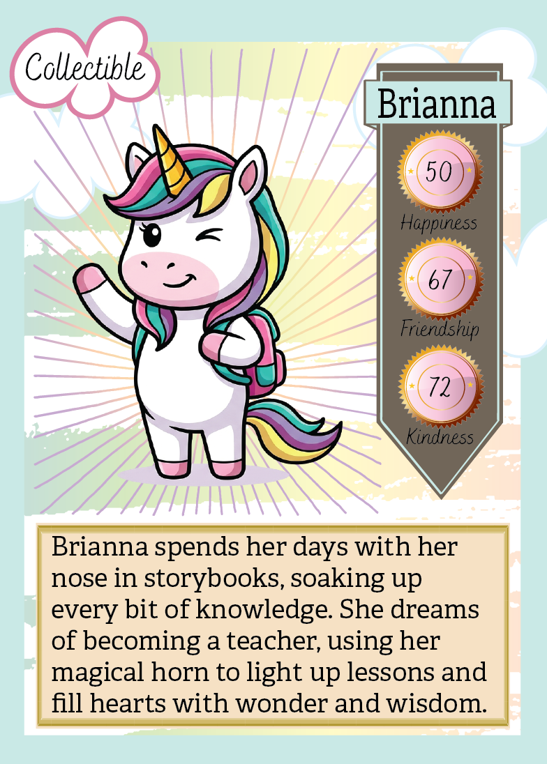 Collectible card featuring a unicorn named Brianna with stats and description.
