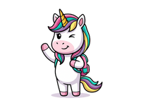 Cartoon unicorn with a colorful mane and tail on a white background