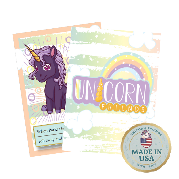 Children's card with a unicorn illustration and 'Unicorn Friends' branding on a white background.