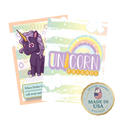 Children's product packaging with a unicorn illustration and 'Unicorn Friends' branding.
