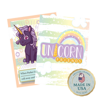 Children's product packaging with a unicorn illustration and 'Unicorn Friends' branding.