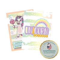 Product packaging with a unicorn character and 'Unicorn Friends' branding on a white background.