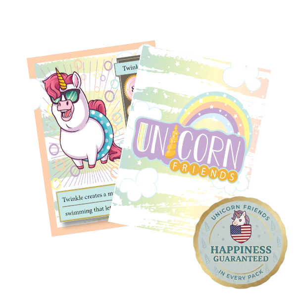 Unicorn-themed product packaging with a cartoon unicorn, rainbow, and text on a white background.