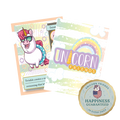 Unicorn-themed product packaging with a cartoon unicorn, rainbow, and text on a white background.