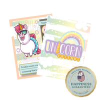 Unicorn-themed product packaging with a cartoon unicorn, rainbow, and text on a white background.
