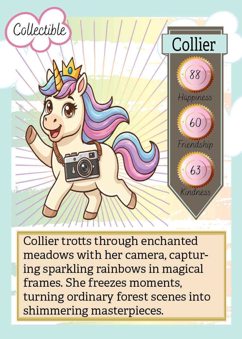 Collectible card featuring a unicorn with rainbow hair and a camera, standing on a colorful background.