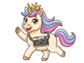 Cartoon unicorn with a camera and backpack on a transparent background