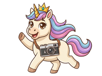 Cartoon unicorn with a camera and backpack on a transparent background