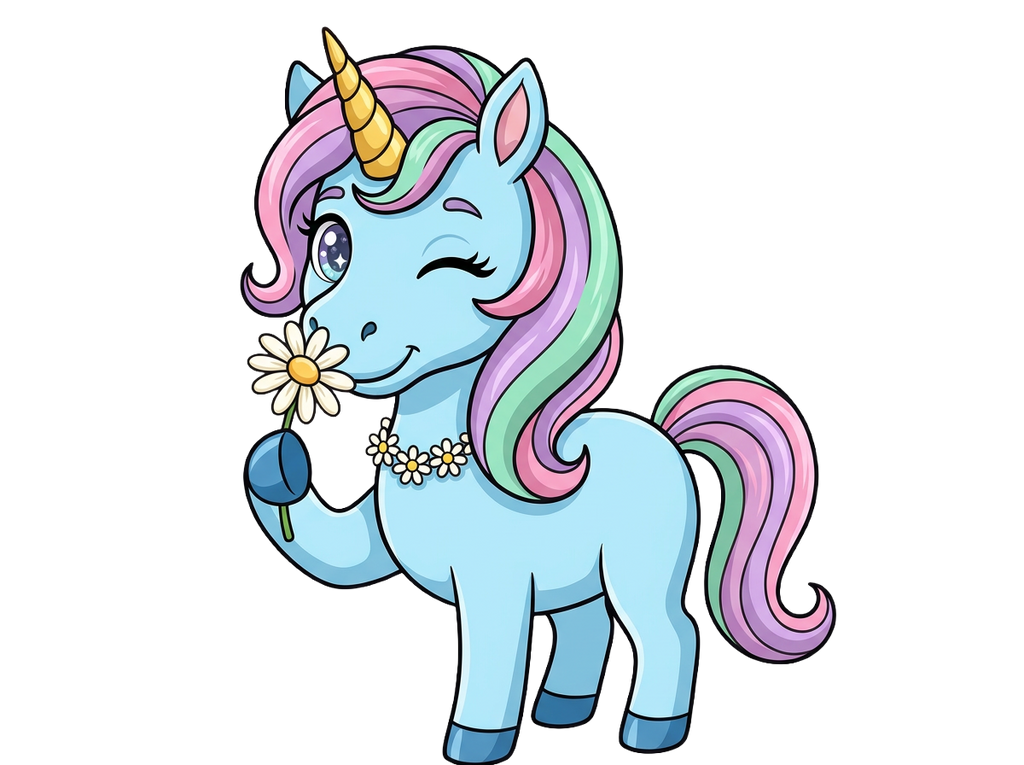 Cartoon unicorn with a colorful mane holding a flower on a white background