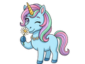 Cartoon unicorn with a colorful mane holding a flower on a white background