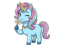 Cartoon unicorn with a colorful mane holding a flower on a white background