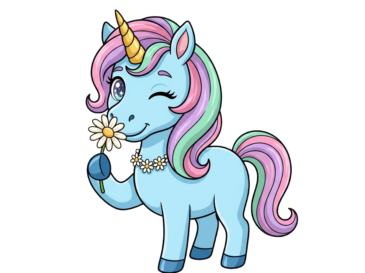 Cartoon unicorn with a colorful mane holding a flower on a white background
