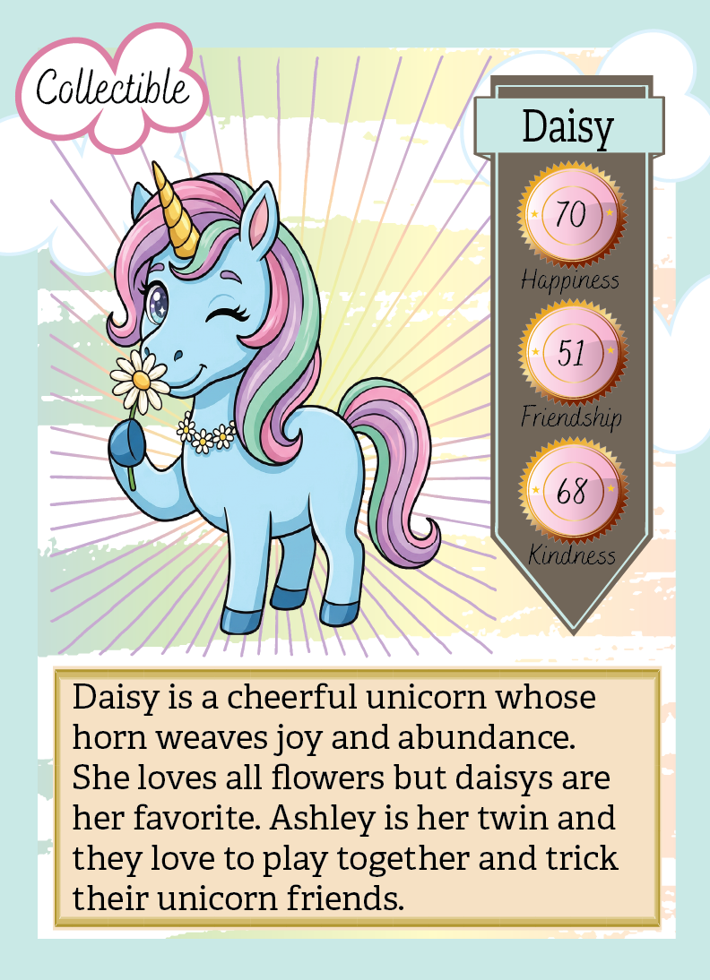 Collectible card featuring a cartoon unicorn named Daisy with stats and description.