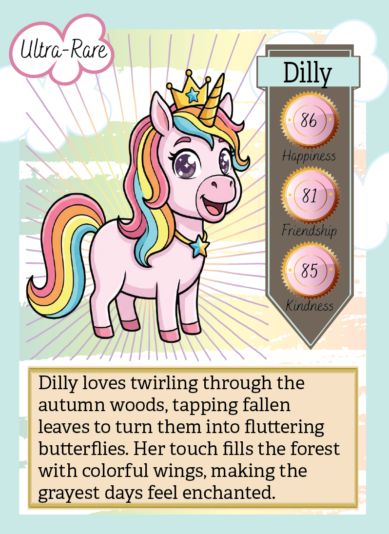 Cartoon unicorn with rainbow mane and tail, wearing a crown, on a card with stats and description.
