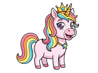 Cartoon unicorn with rainbow hair and a crown on a black background