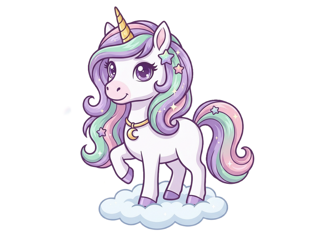 Cartoon unicorn with a colorful mane and tail on a white background
