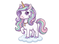 Cartoon unicorn with a colorful mane and tail on a white background
